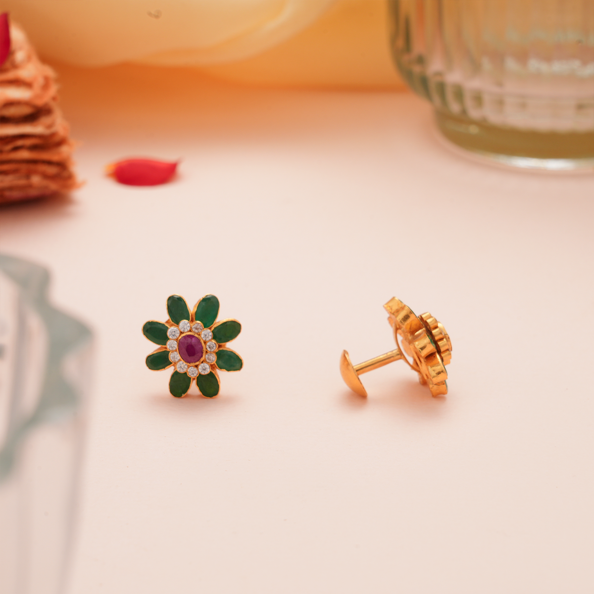 Elegant Emerald Centre Ruby Gold Stud