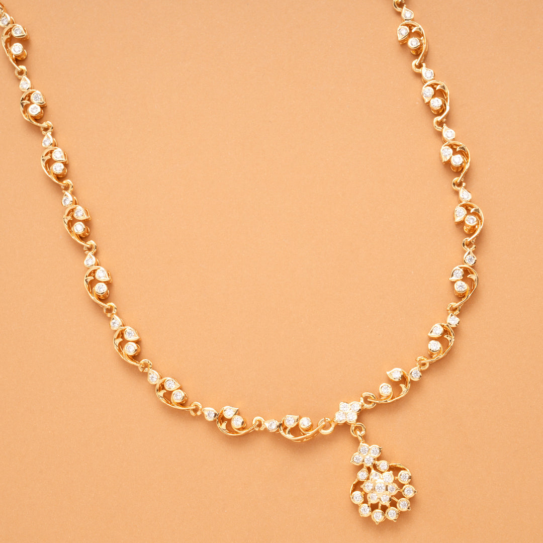 Delicate Floral Pattern White Stone Golden Necklace