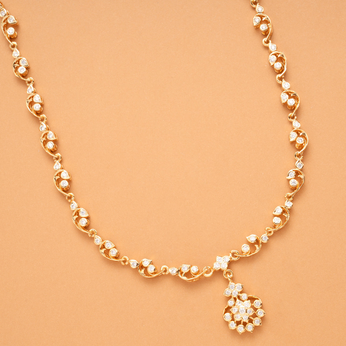 Delicate Floral Pattern White Stone Golden Necklace