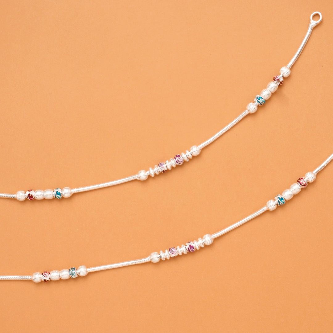 Pink & Blue Leaf Enamel Silver Anklet