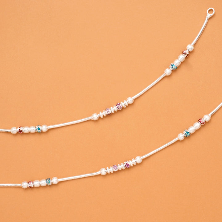 Pink & Blue Leaf Enamel Silver Anklet