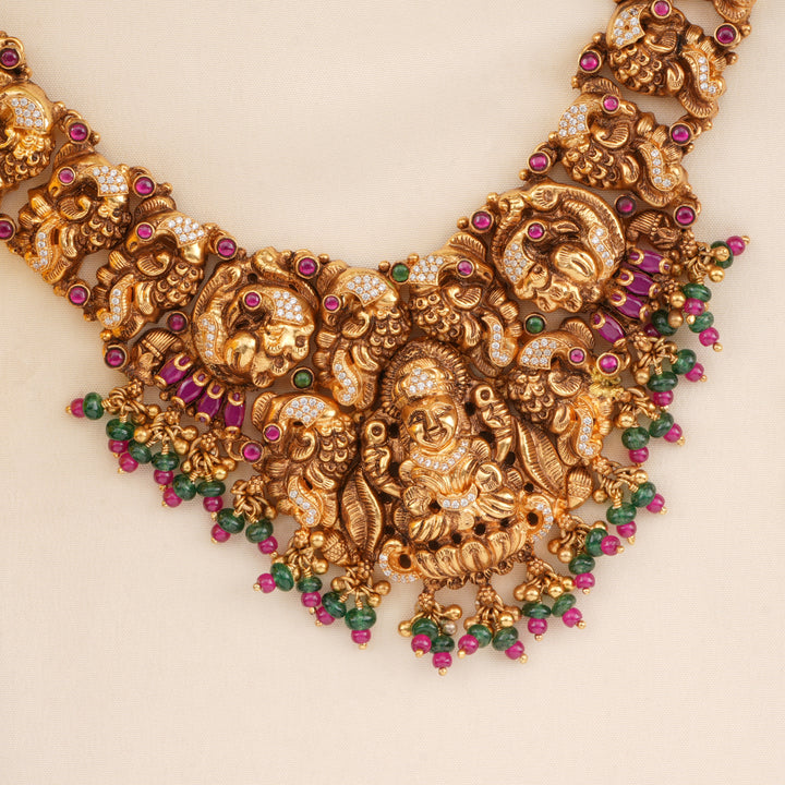 Lakshmi Peacock with Pink Beads Drop Necklace