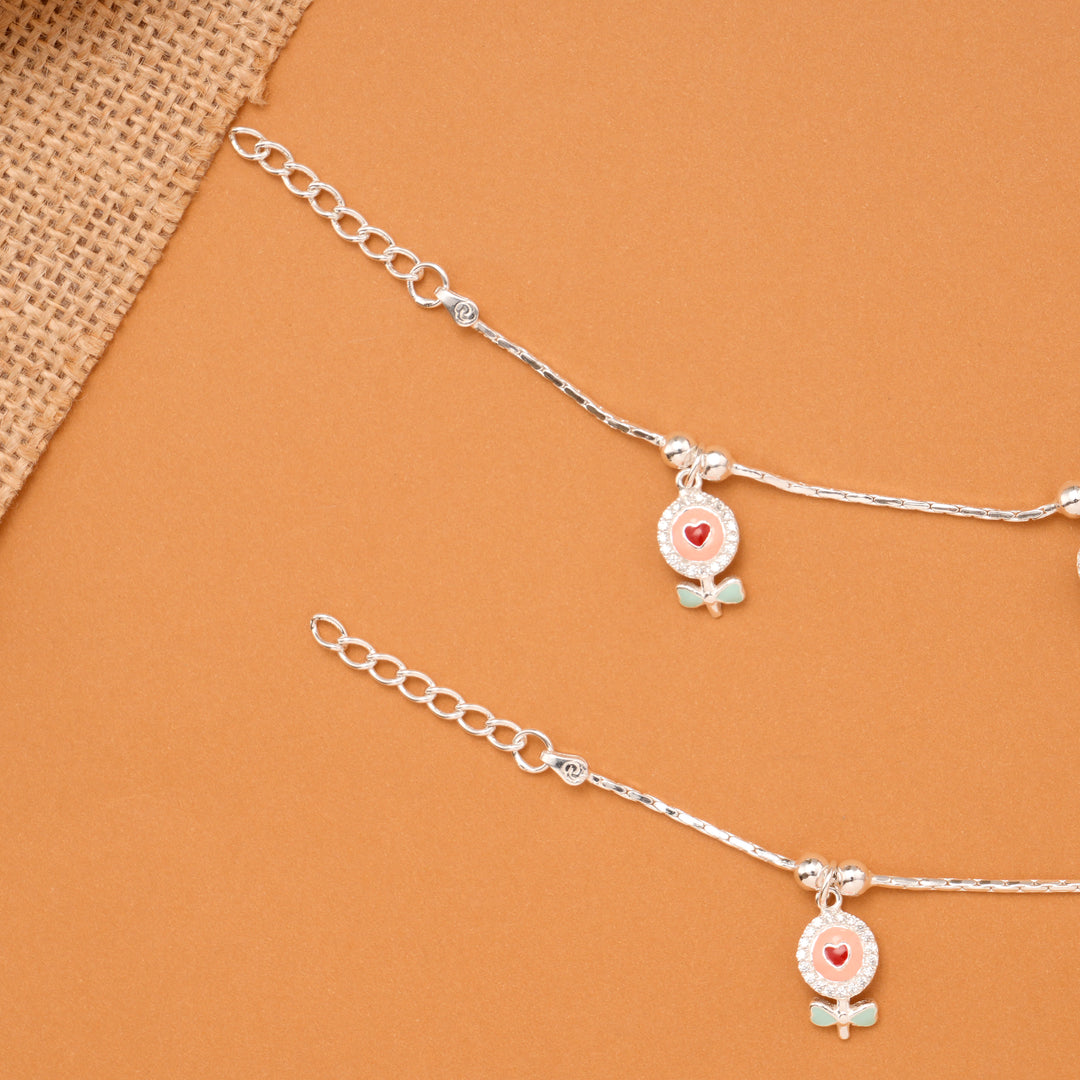 Floral Heart Charm Baby Silver Anklet