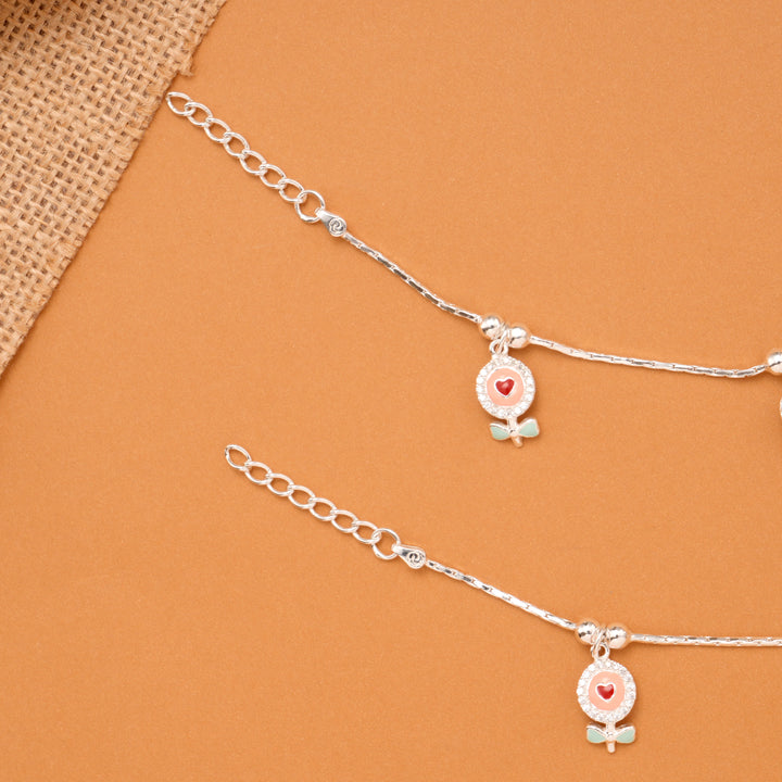 Floral Heart Charm Baby Silver Anklet