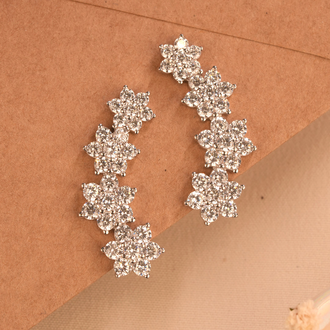 Shining Floral Silver Ear Crawlers