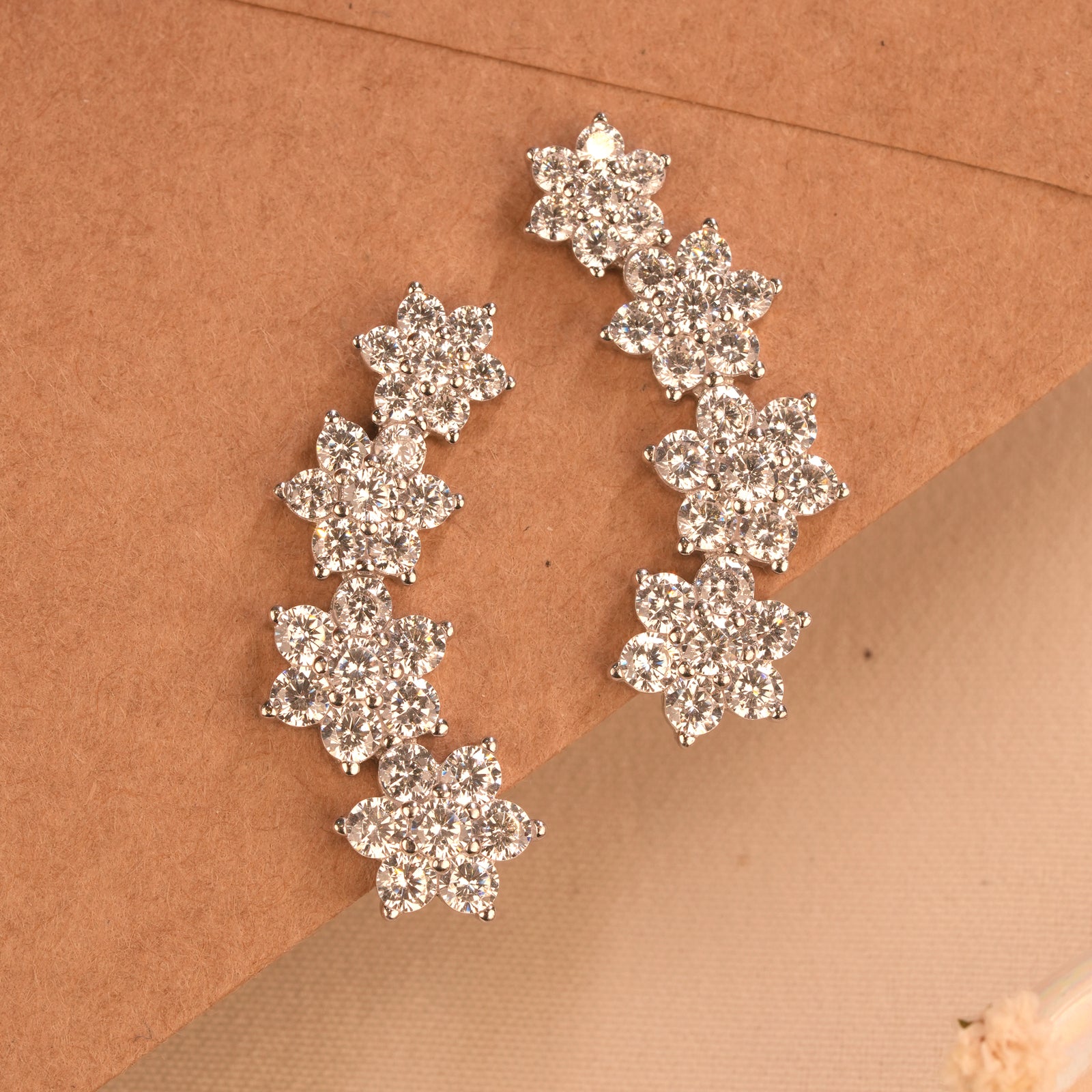 Shining Floral Silver Ear Crawlers