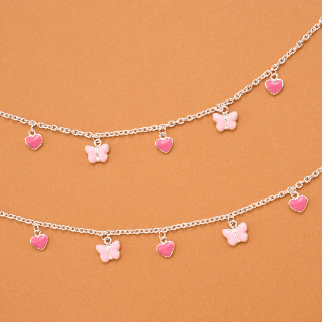 Pink Heart and Butterfly Silver Baby Anklets