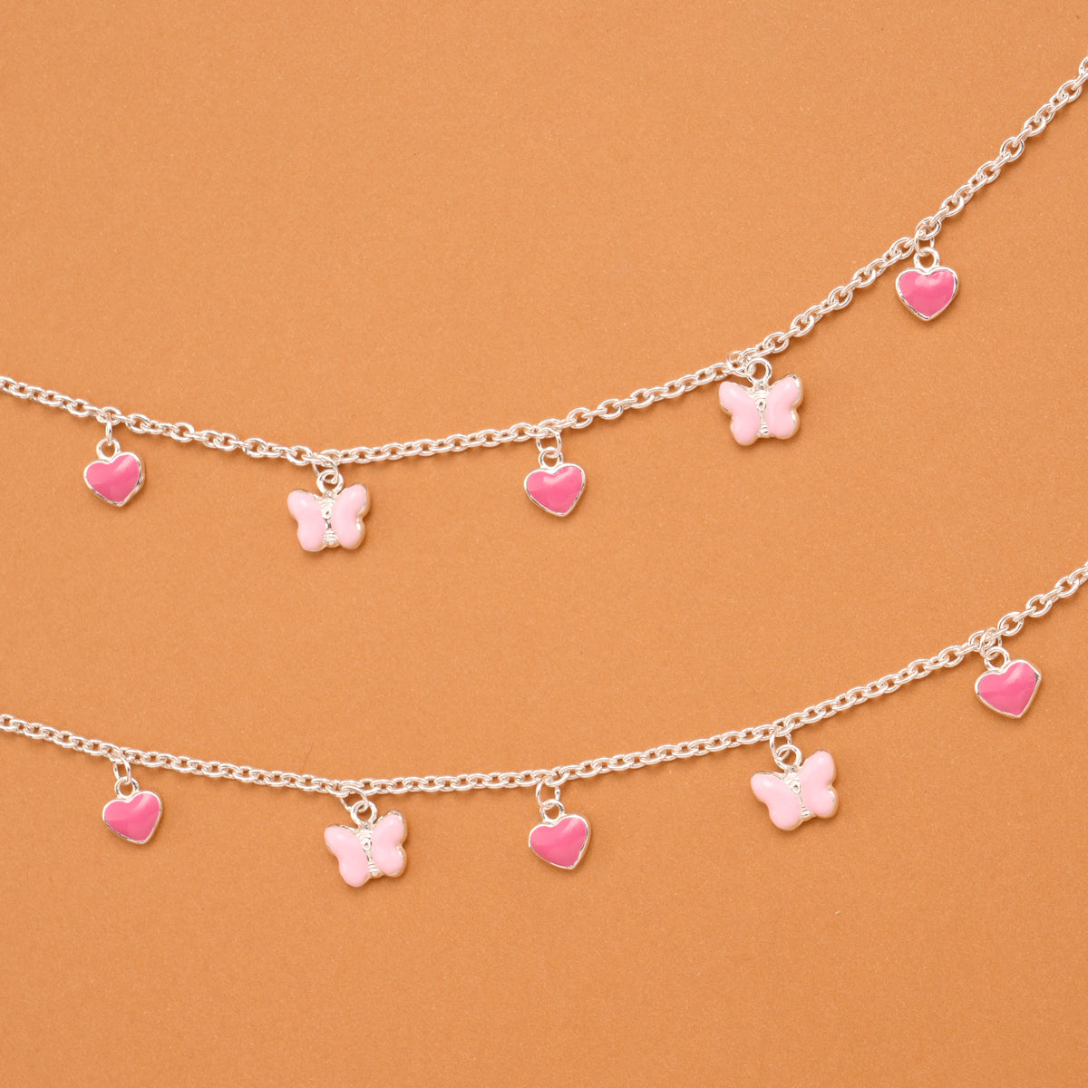 Pink Heart and Butterfly Silver Baby Anklets
