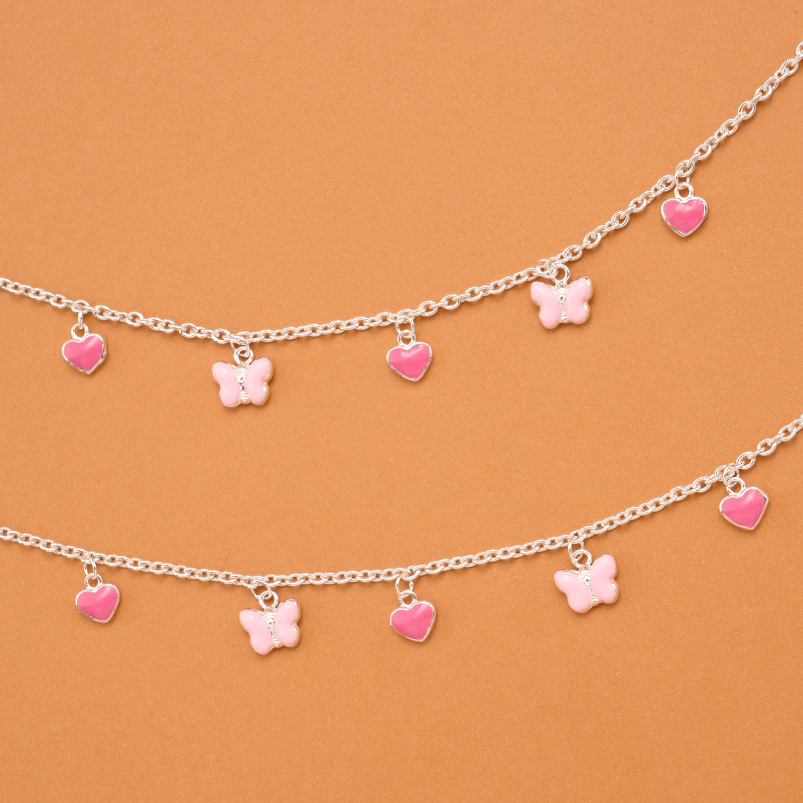 Pink Heart and Butterfly Silver Baby Anklets
