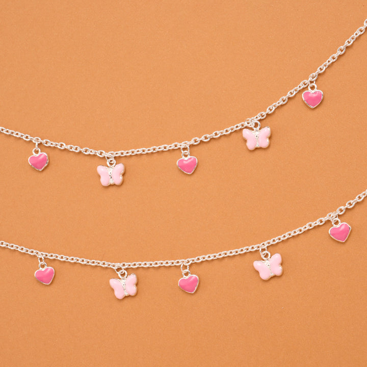 Pink Heart and Butterfly Silver Baby Anklets