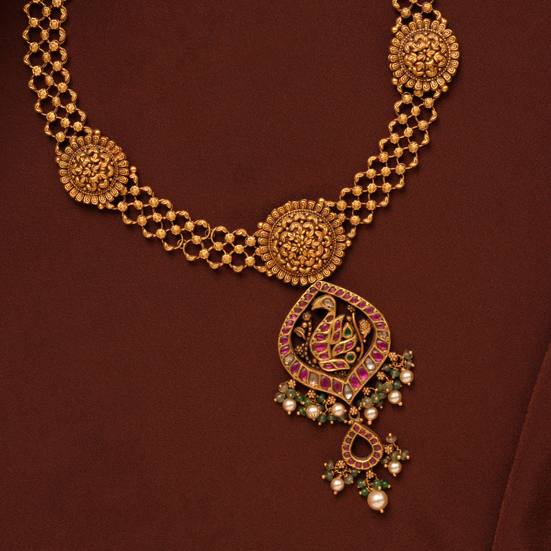 Antique Ruby Peacock Floral Gold Necklace