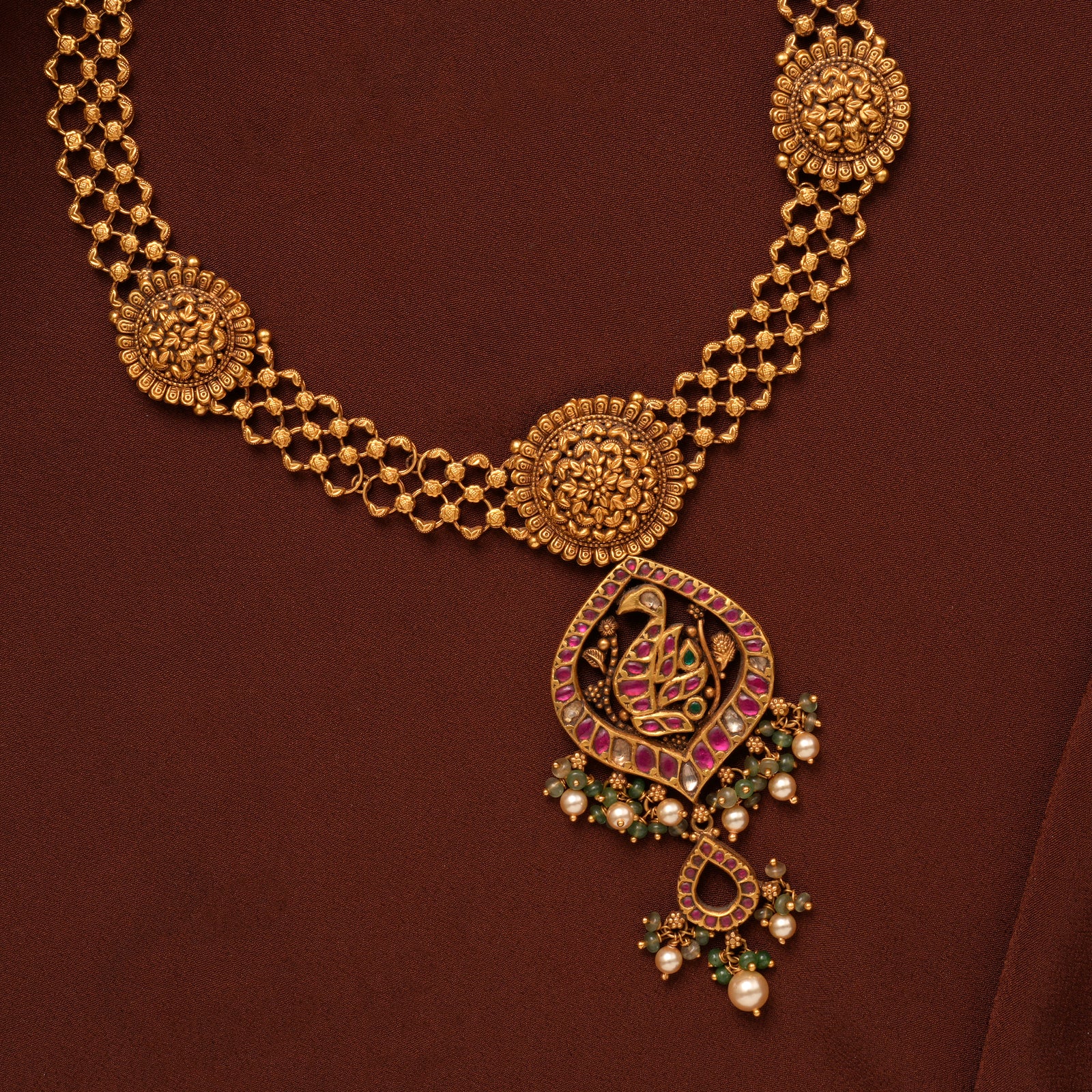 Antique Ruby Peacock Floral Gold Necklace