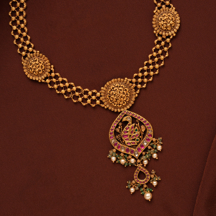 Antique Ruby Peacock Floral Gold Necklace