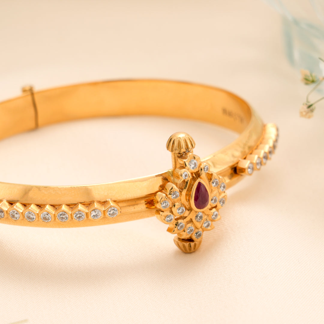 Adjustable Floral Red Stone Gold Kada