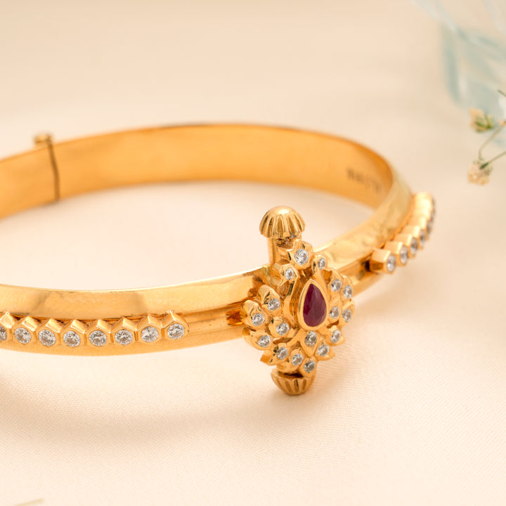 Adjustable Floral Red Stone Gold Kada
