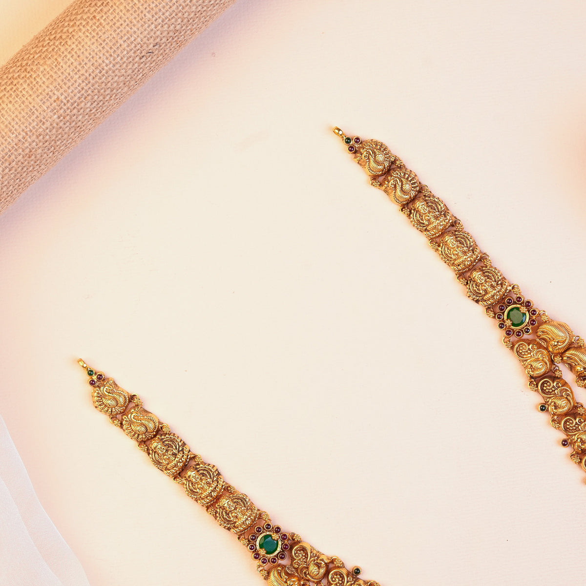 Silver Double Layer Peacock Temple Haram with Lakshmi Motifs and Gold Ball Drops