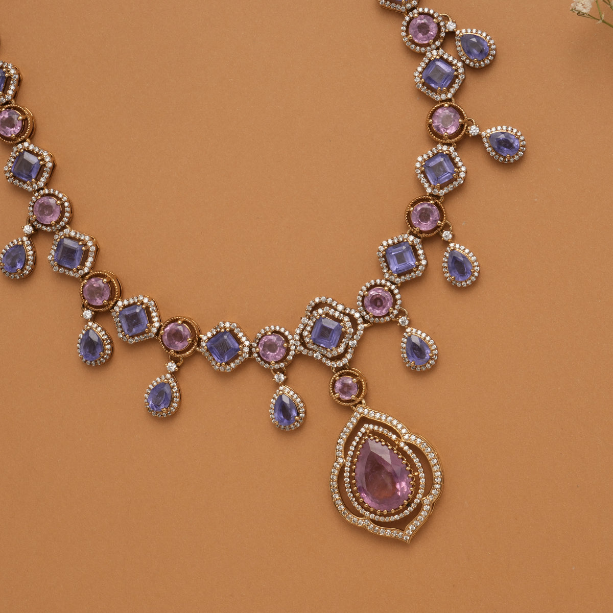 Elegant Purple Stone Golden Necklace Set