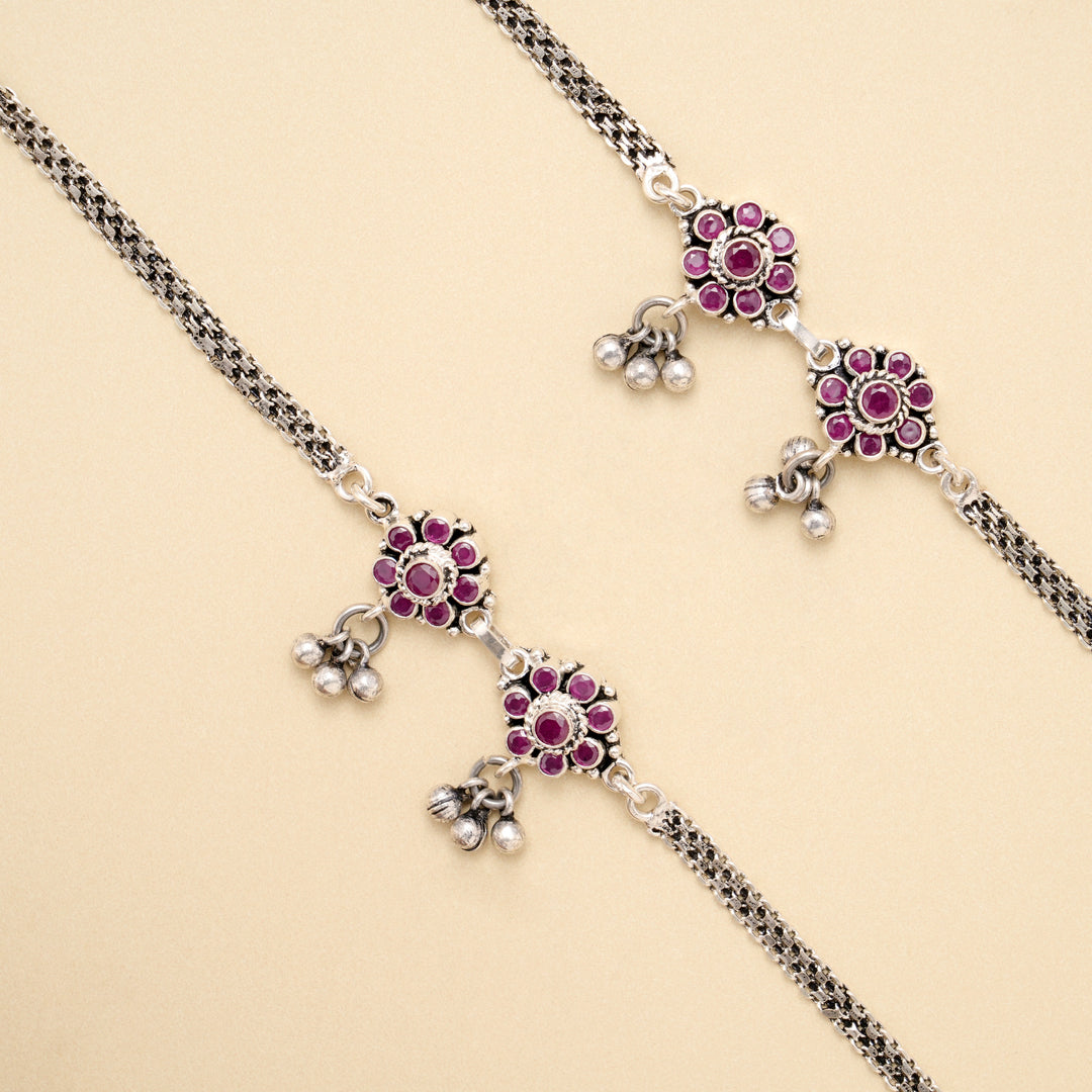 Ruby Blossom Drop Antique Silver Anklet