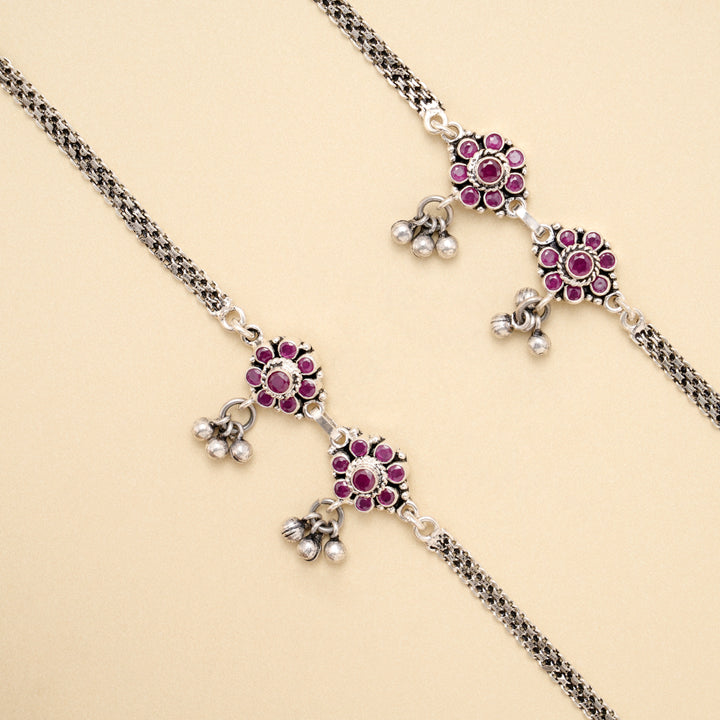 Ruby Blossom Drop Antique Silver Anklet