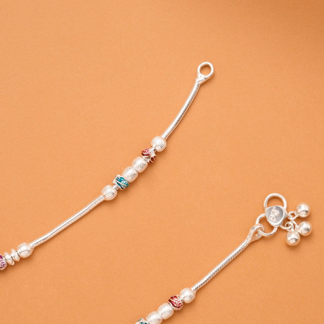 Pink & Blue Leaf Enamel Silver Anklet