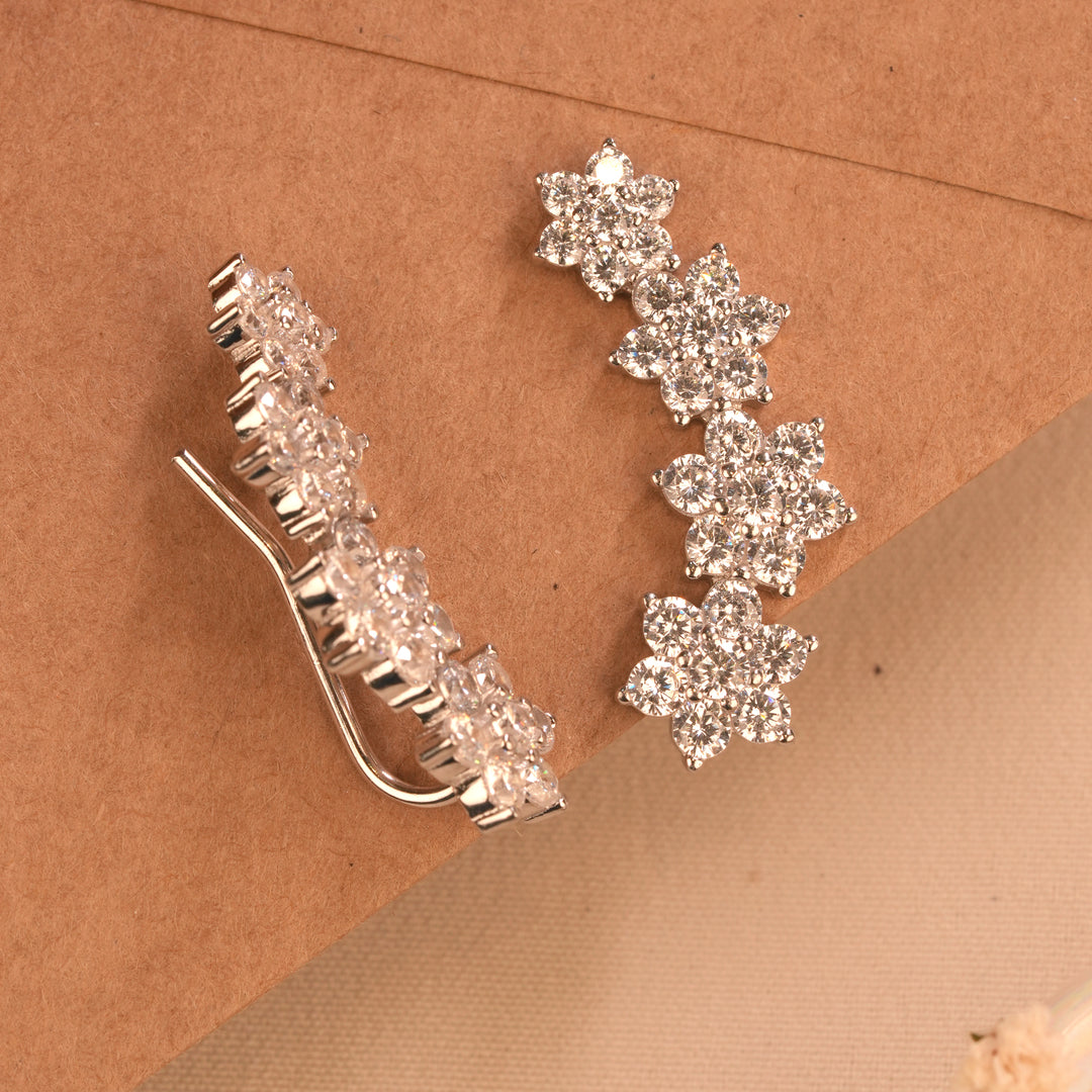 Shining Floral Silver Ear Crawlers