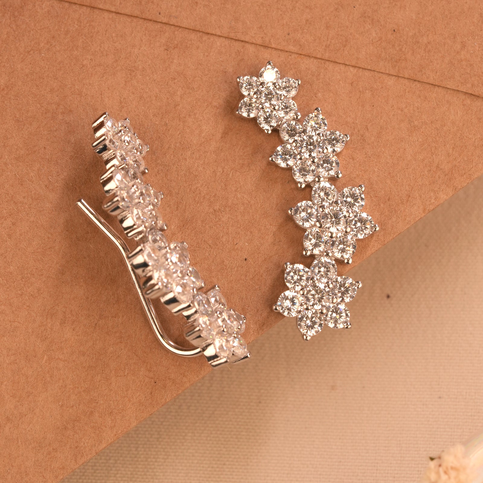Shining Floral Silver Ear Crawlers