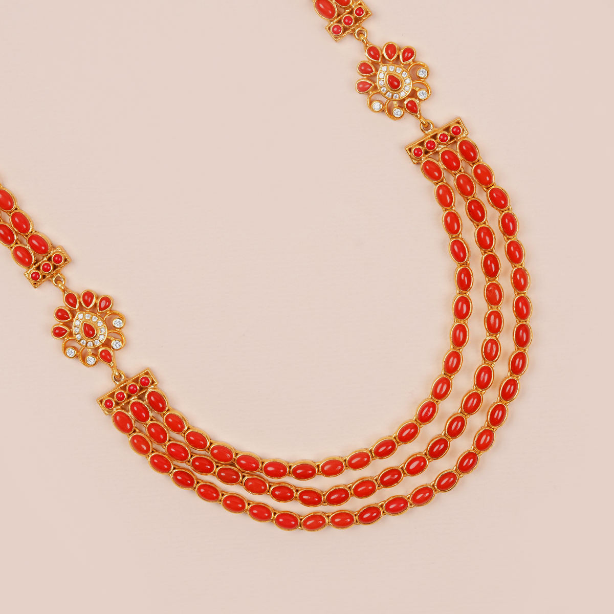 Coral Red Three-Layer White Stone Floral Haram