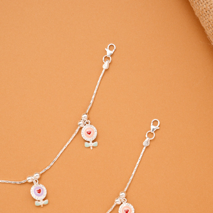 Floral Heart Charm Baby Silver Anklet