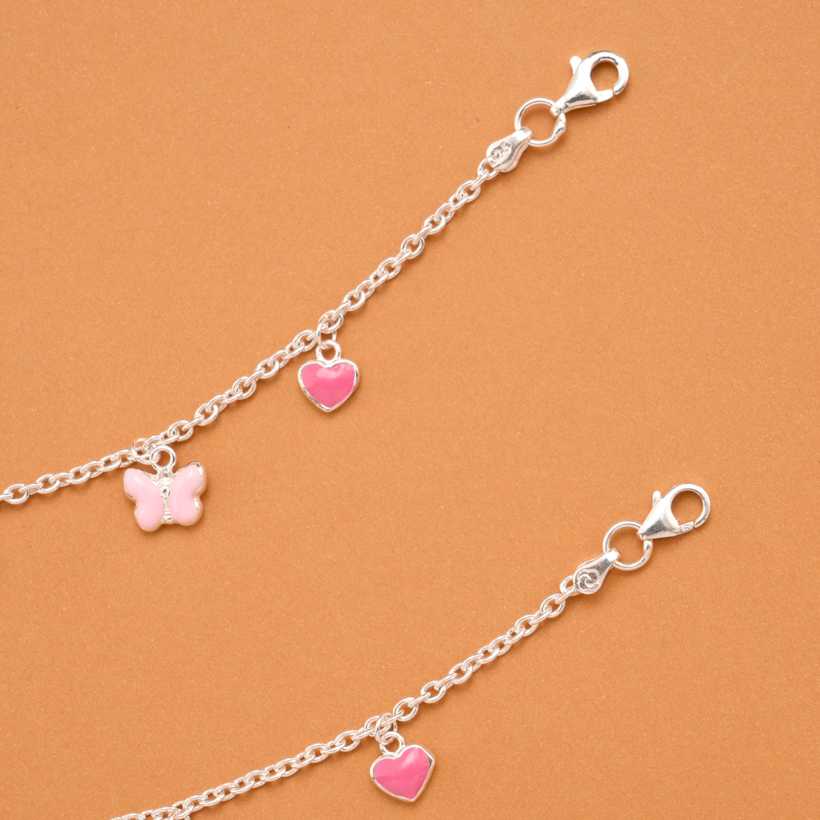 Pink Heart and Butterfly Silver Baby Anklets