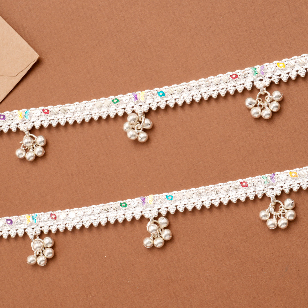 Minimal Enamel Signature Bell Drop Silver Anklet