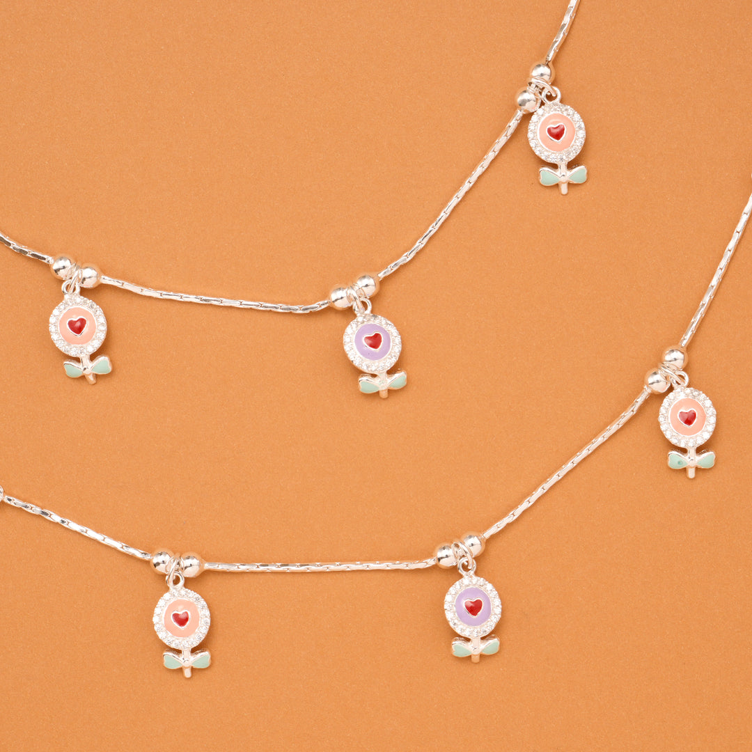Floral Heart Charm Baby Silver Anklet