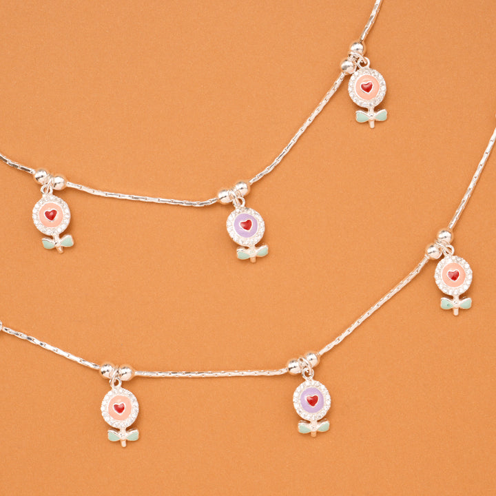 Floral Heart Charm Baby Silver Anklet