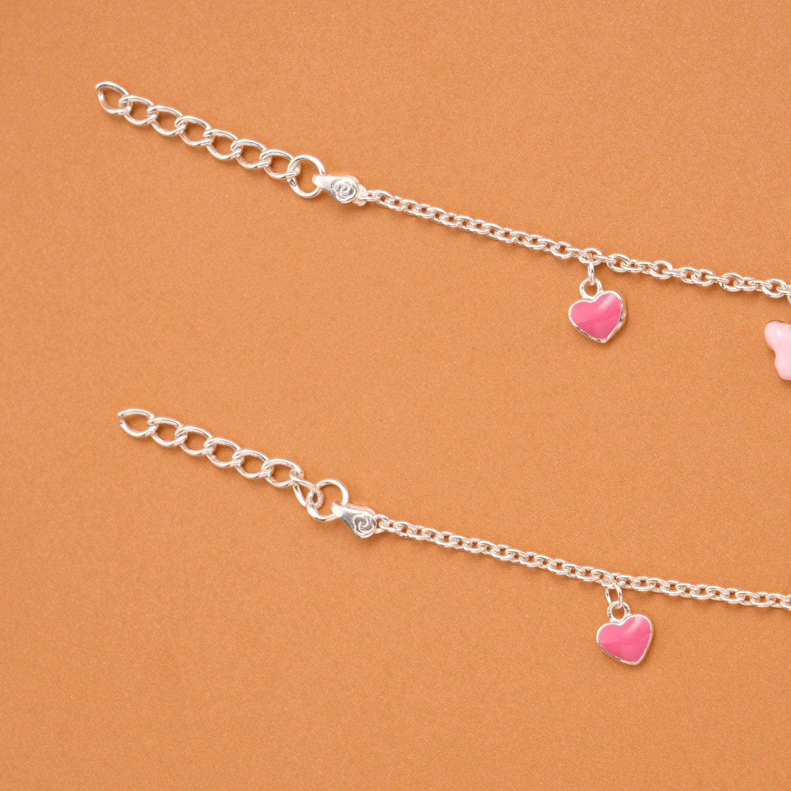 Pink Heart and Butterfly Silver Baby Anklets