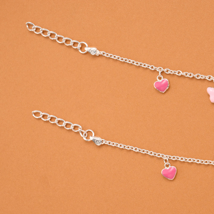 Pink Heart and Butterfly Silver Baby Anklets