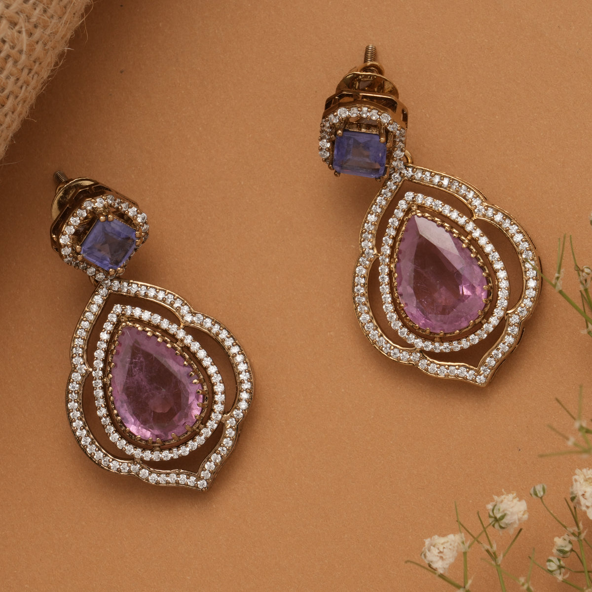 Elegant Purple Stone Golden Necklace Set