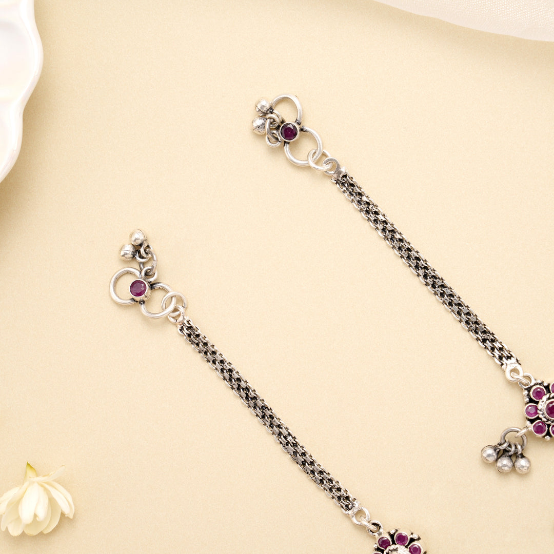Ruby Blossom Drop Antique Silver Anklet