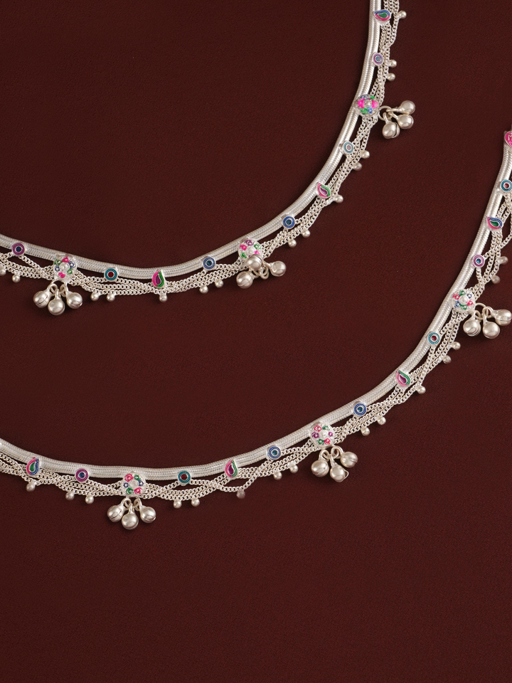 Multicolour Beads and Ghungroo Bells Silver Anklet