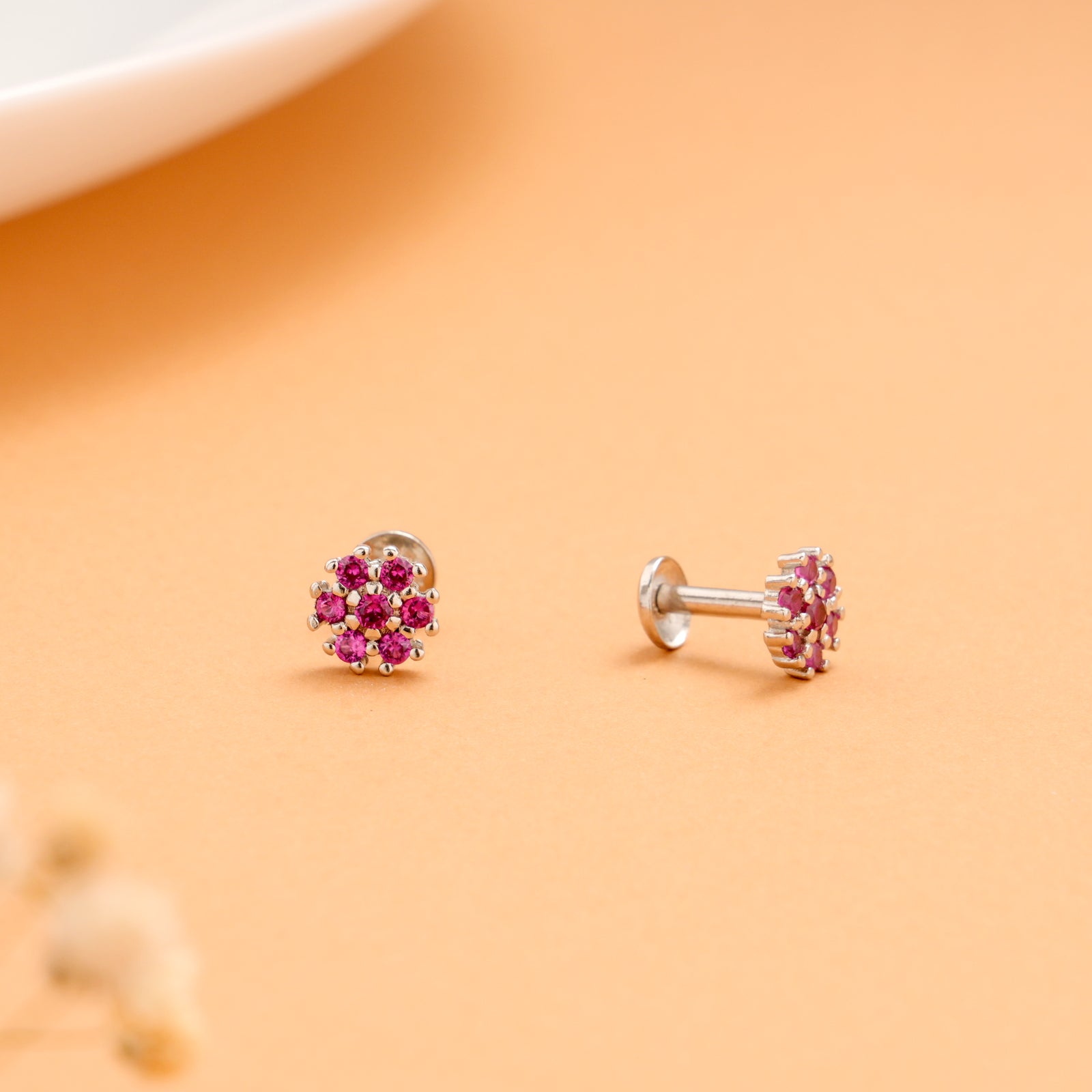 Elegant Pink Stone Flower Pattern Silver Stud