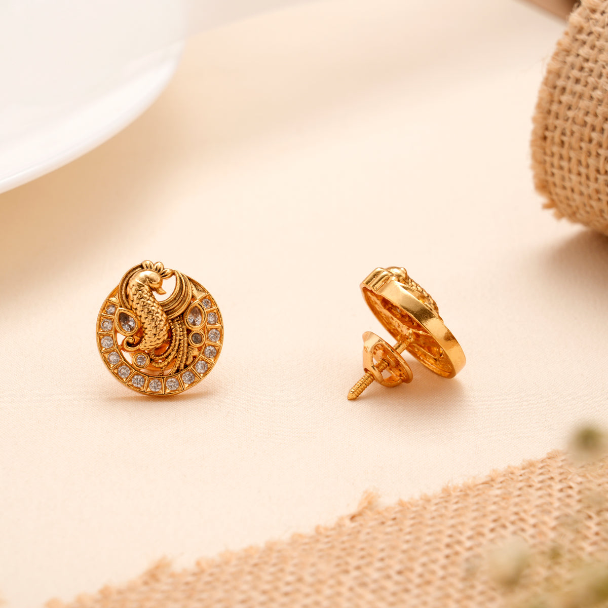 Antique Golden Peacock Design Stone Stud