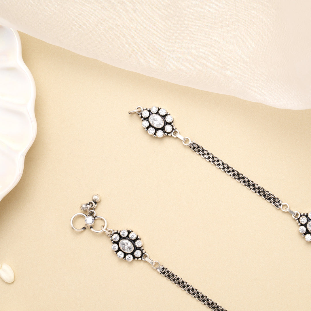 Premium Crystal Oval Silver Antique Anklet