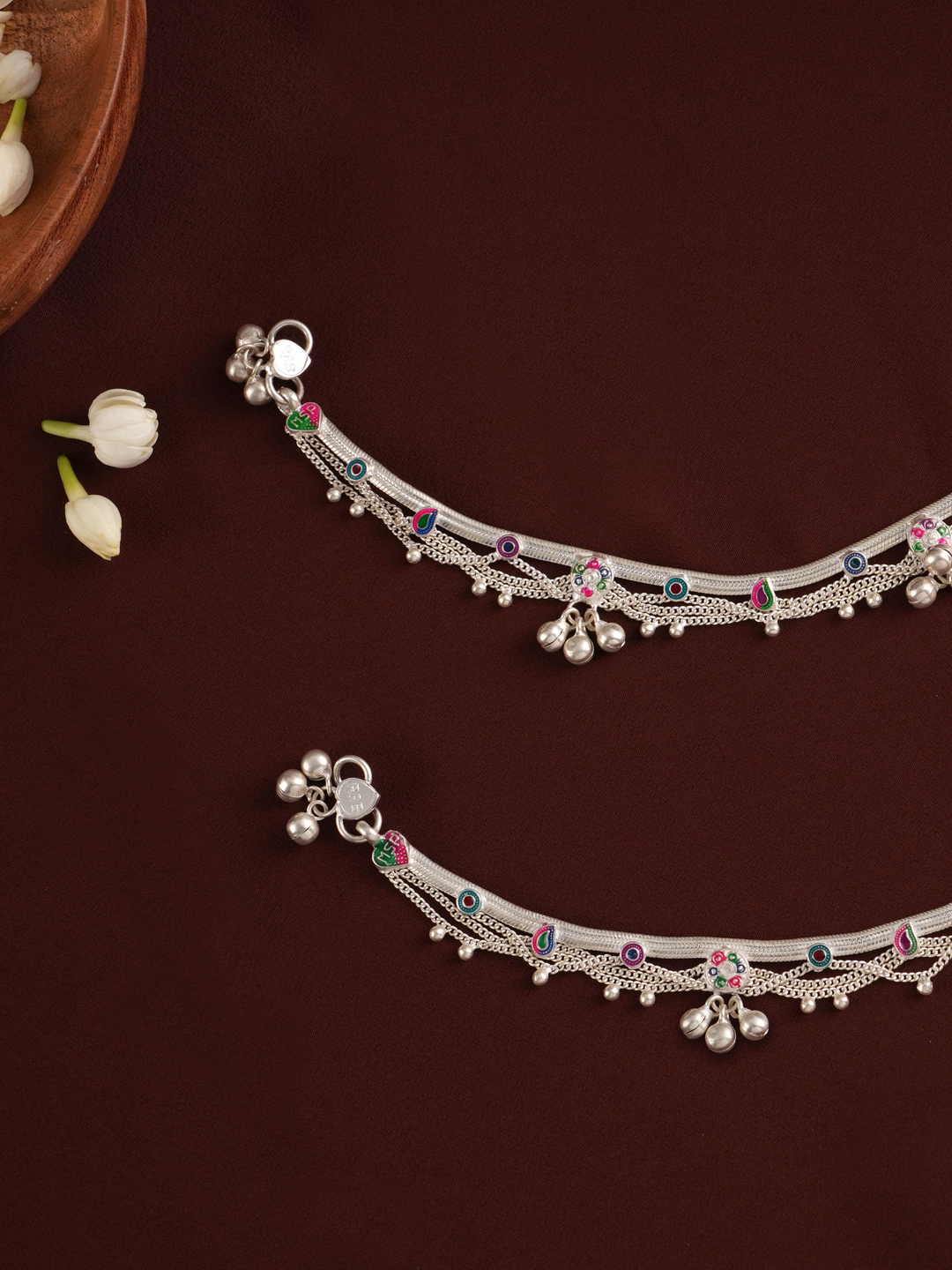 Multicolour Beads and Ghungroo Bells Silver Anklet