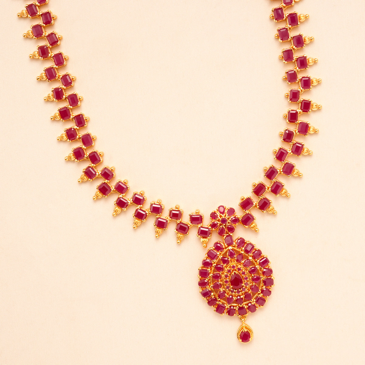Square Ruby Drop Pendant Silver Necklace Set