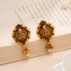Gold Plated Lakshmi Dual Stone Pearl Drop Stud