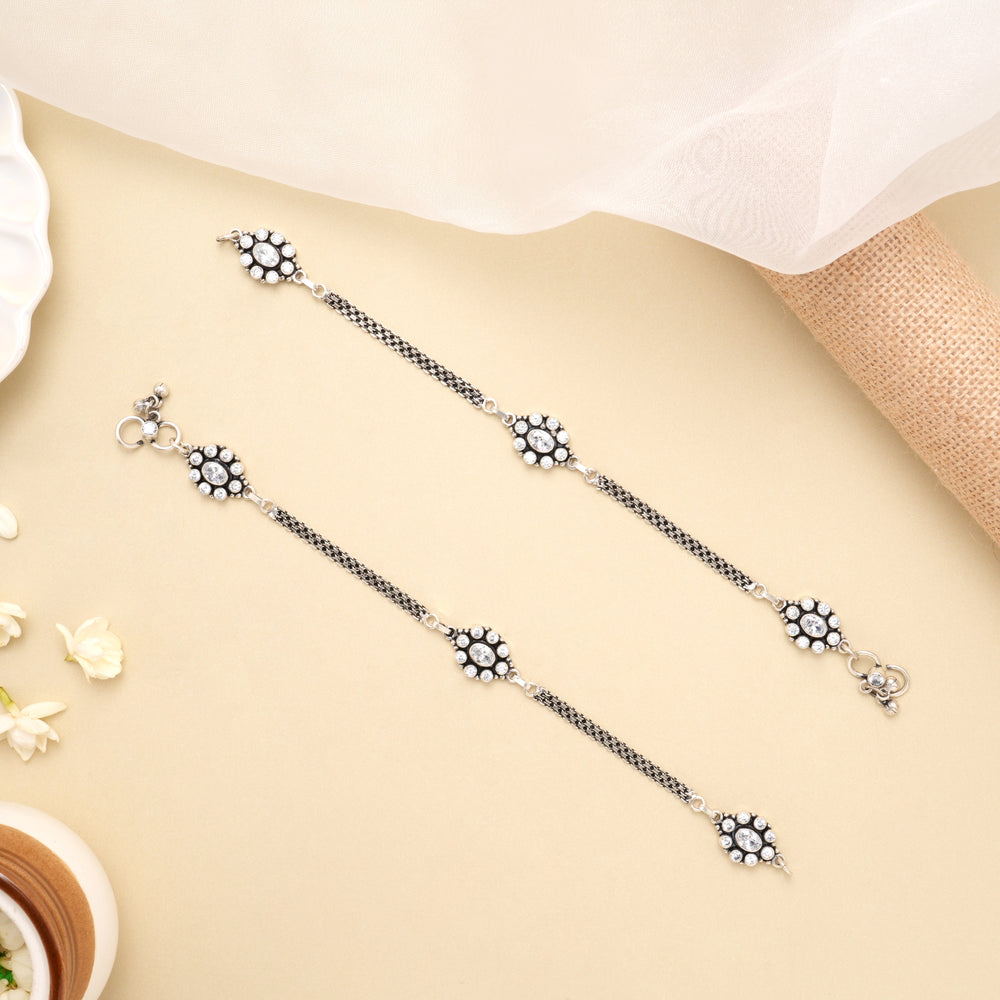Premium Crystal Oval Silver Antique Anklet