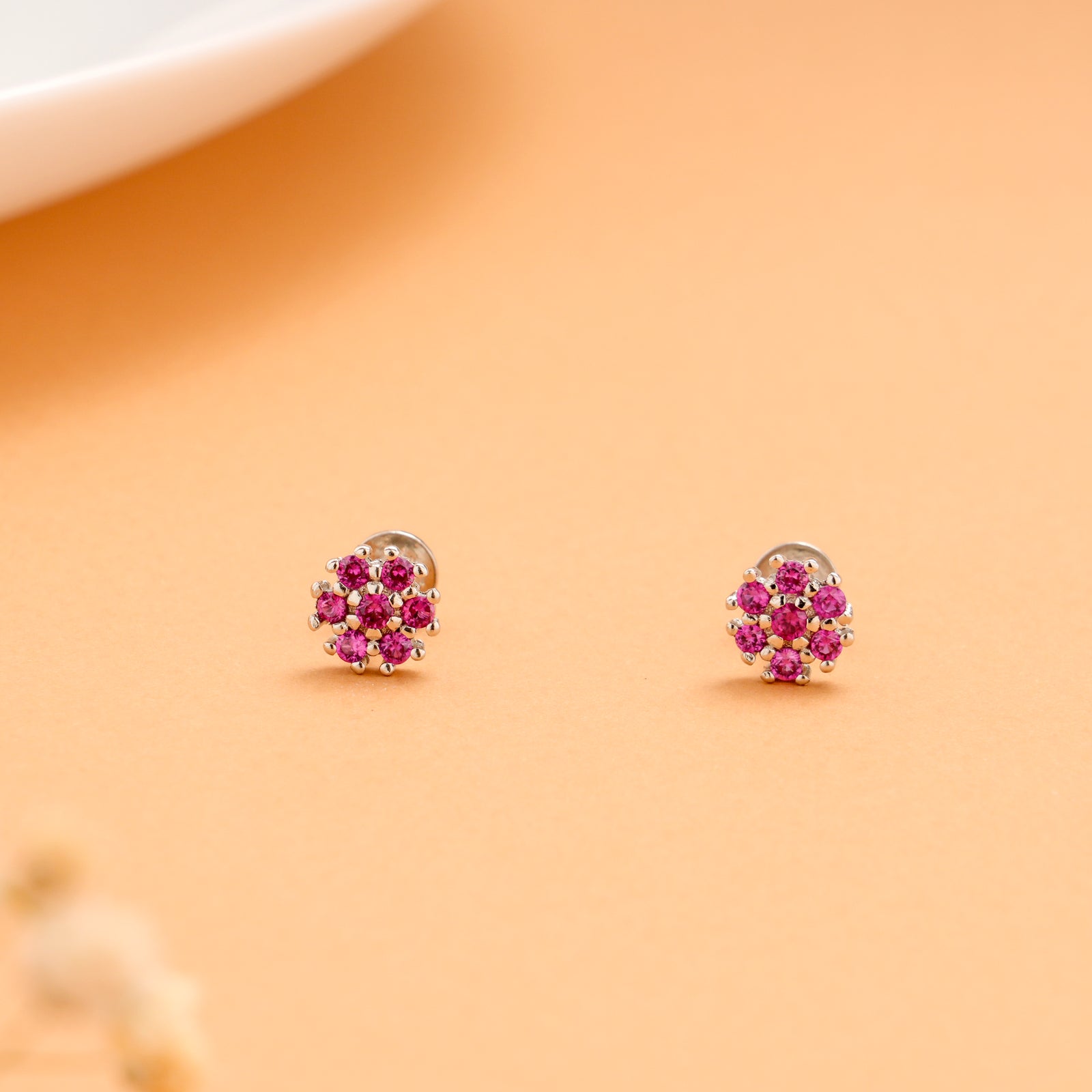 Elegant Pink Stone Flower Pattern Silver Stud