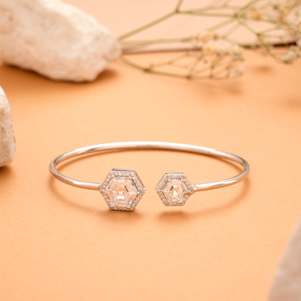 Double Hexagon Cuff Silver Bracelet
