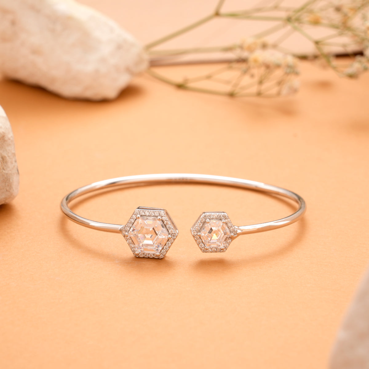 Double Hexagon Cuff Silver Bracelet