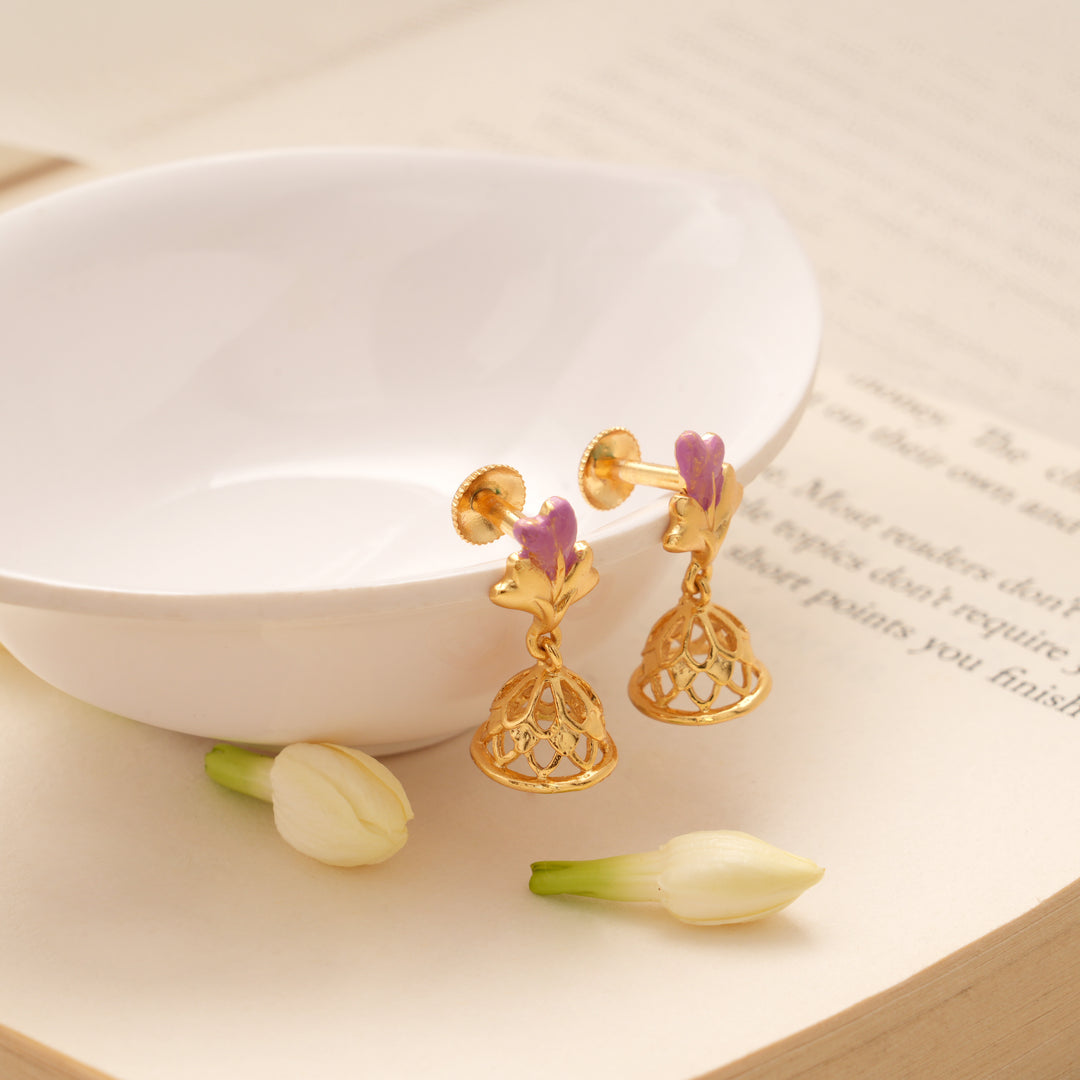 Delicate Bell Shaped Purple Heart Golden Jhumkas