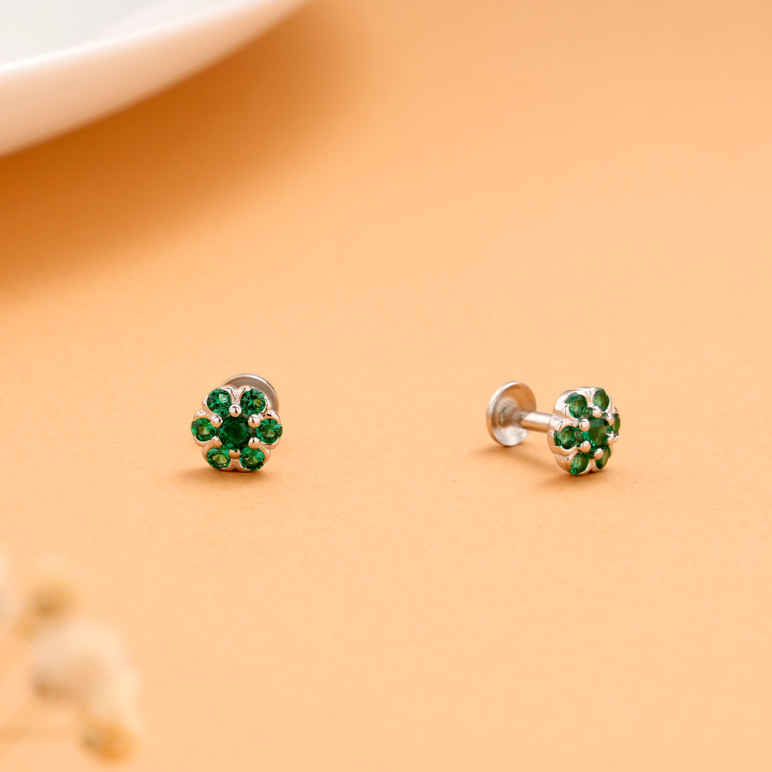 Vibrant Green Stone with Flower Pattern Silver Stud