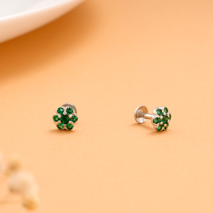 Vibrant Green Stone with Flower Pattern Silver Stud